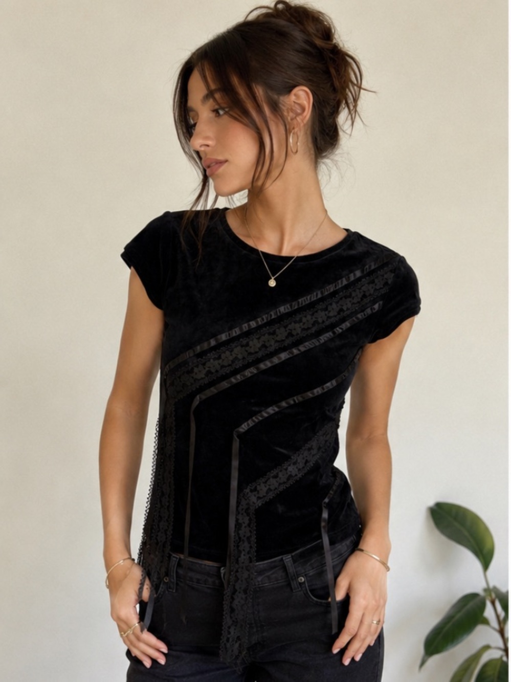 Vintage 90s Gothic Black Lace Velvet Ribbon Y2K Top Fits Size Small - Picture 10 of 11